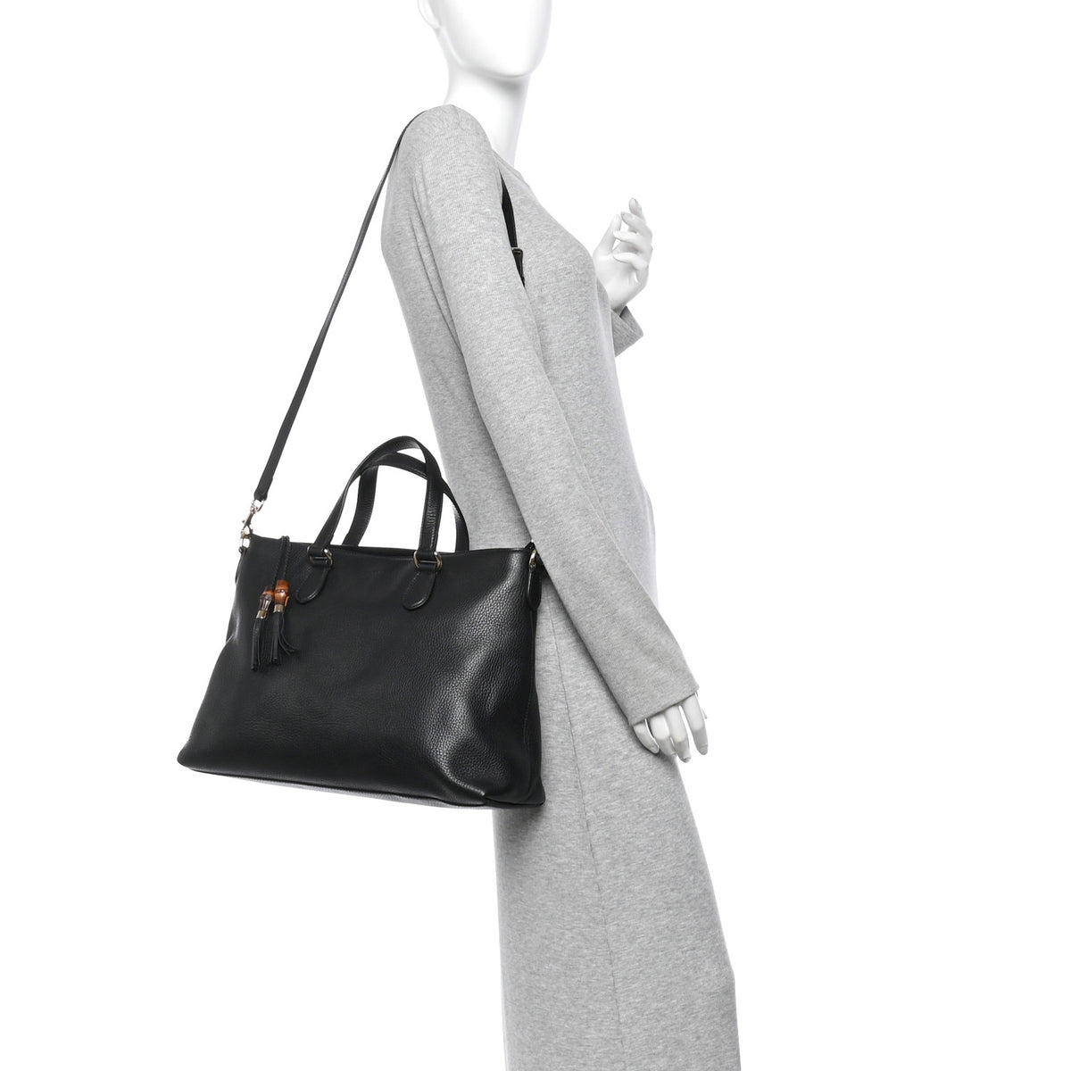 Pebbled Calfskin Convertible Bamboo Tassel Tote Black