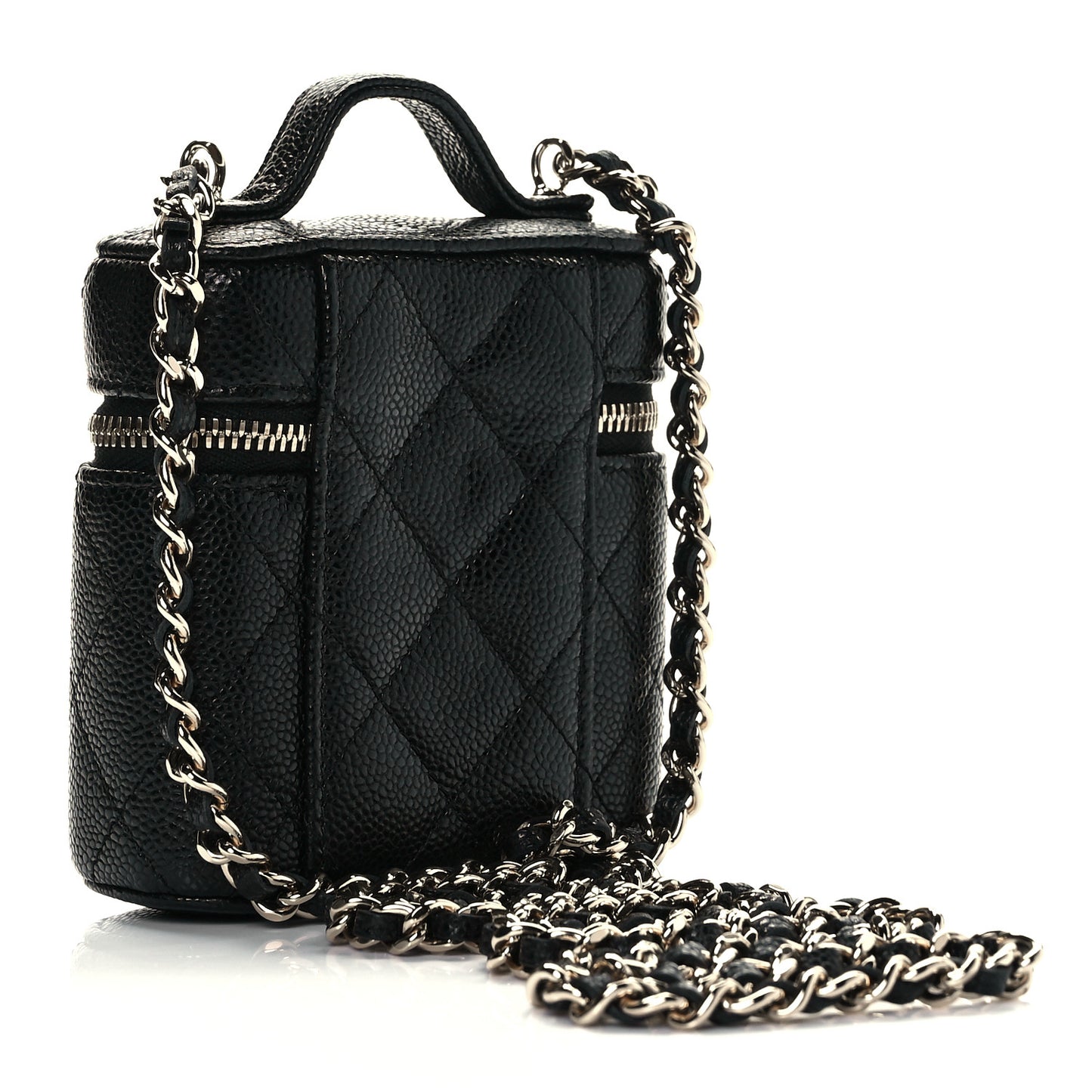 Caviar Quilted Small Handle With Care Vanity Case With Chain Black