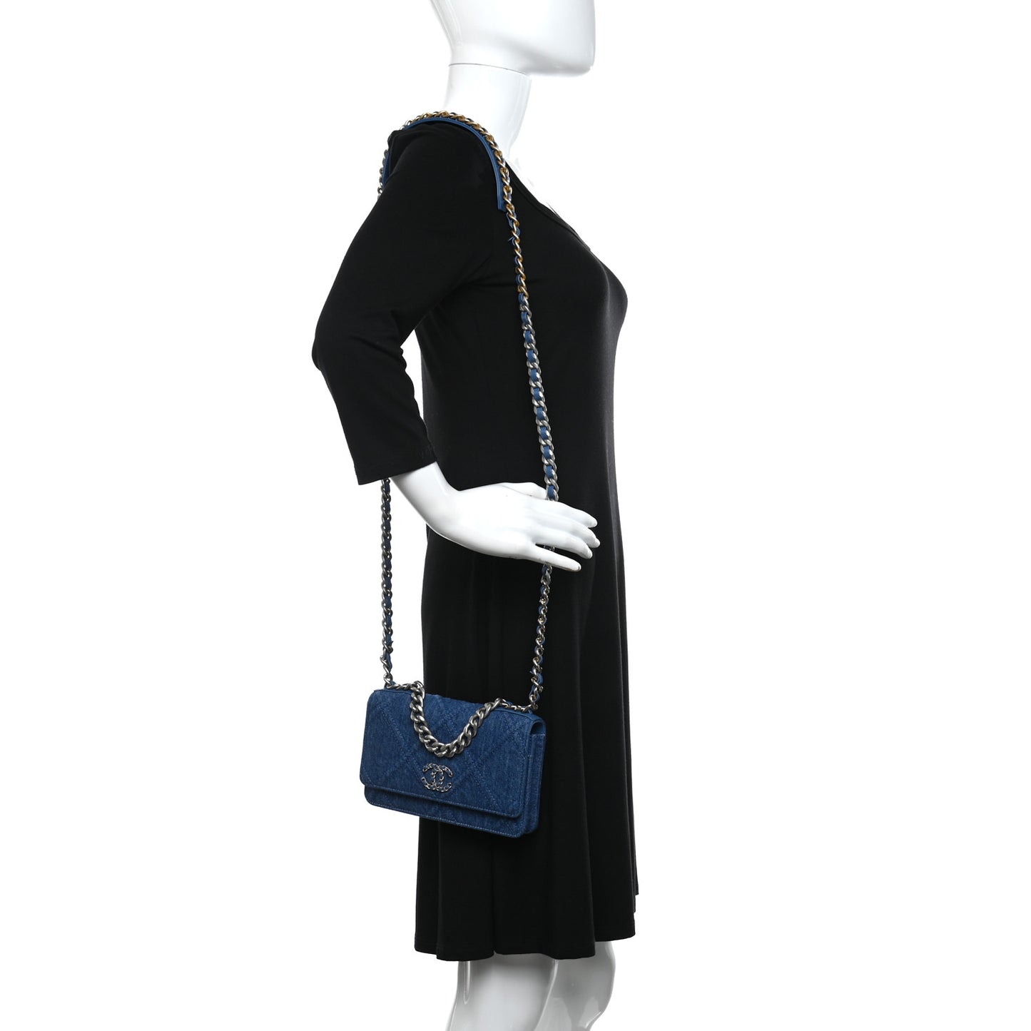 Denim Quilted Chanel 19 Wallet On Chain WOC Blue