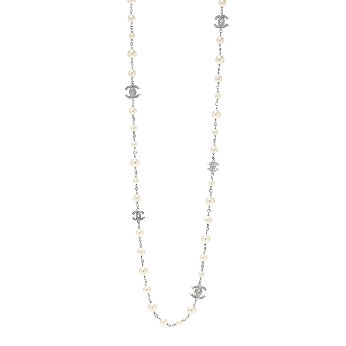 Graduated Pearl Crystal CC Long Necklace Silver