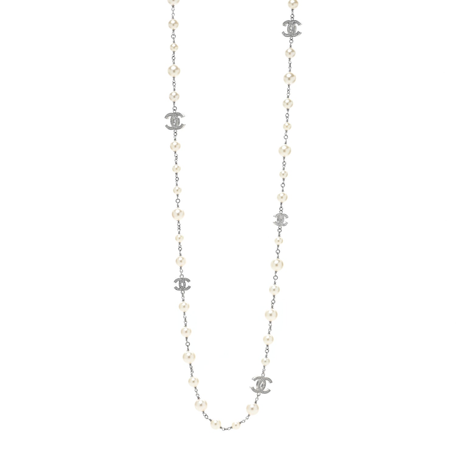Chanel Graduated Pearl Crystal CC Long Necklace Silver 1 of 6