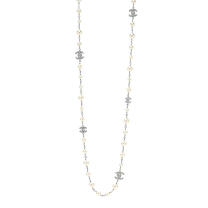 Chanel Graduated Pearl Crystal CC Long Necklace Silver 1 of 6