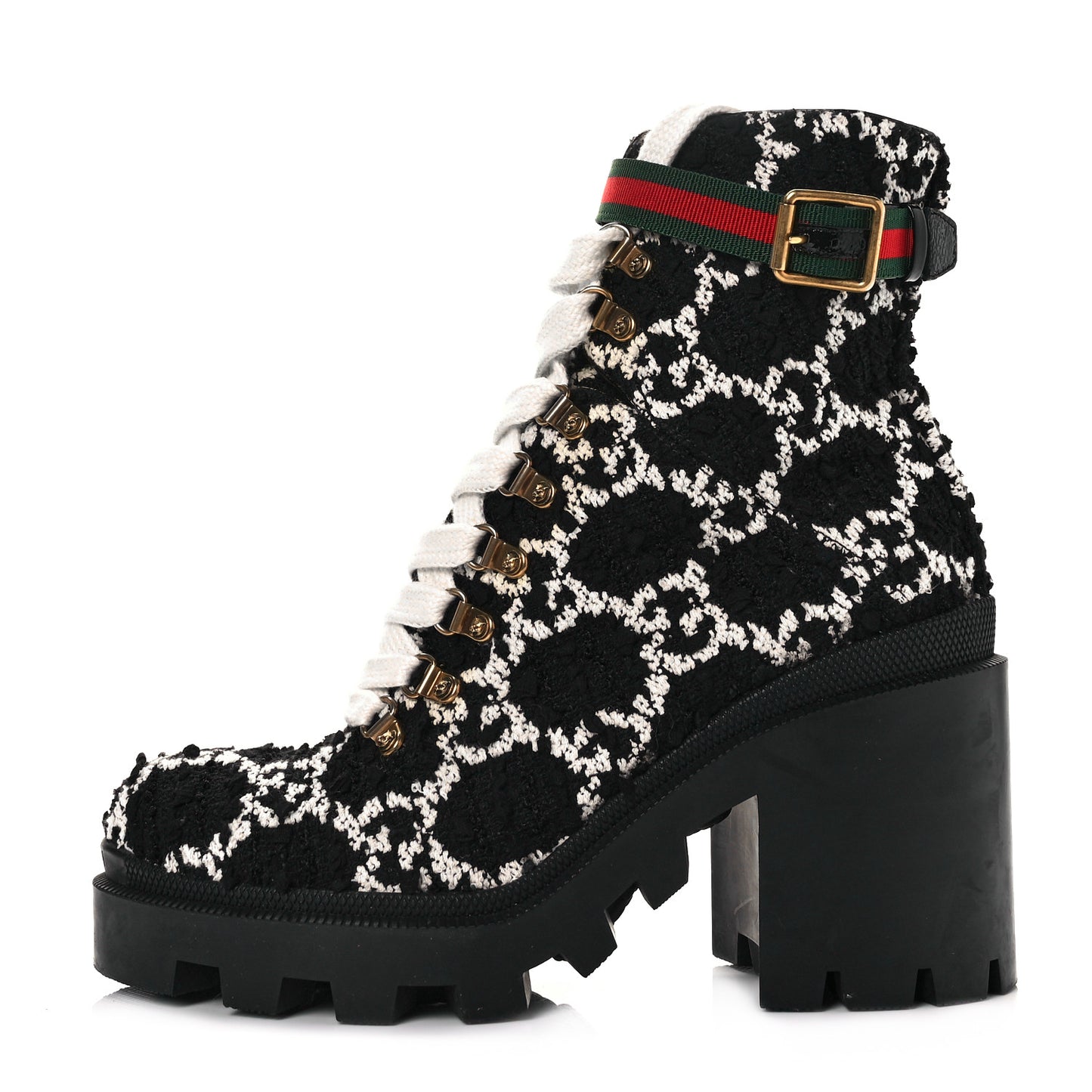 Tweed GG Monogram Lace Up Combat Ankle Boots 40.5 Black