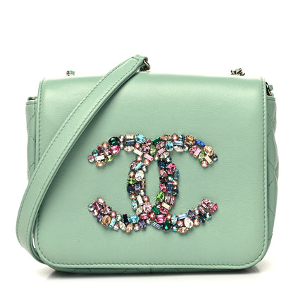 Chanel Lambskin Calfskin Quilted Strass Mania Mini Square Flap Light Green 1 of 11