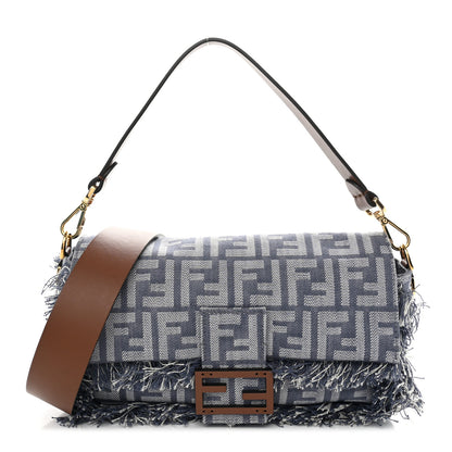 Fendi Denim Vitello Fringe FF Embroidered Baguette Myrtle Dark Nut 1 of 10
