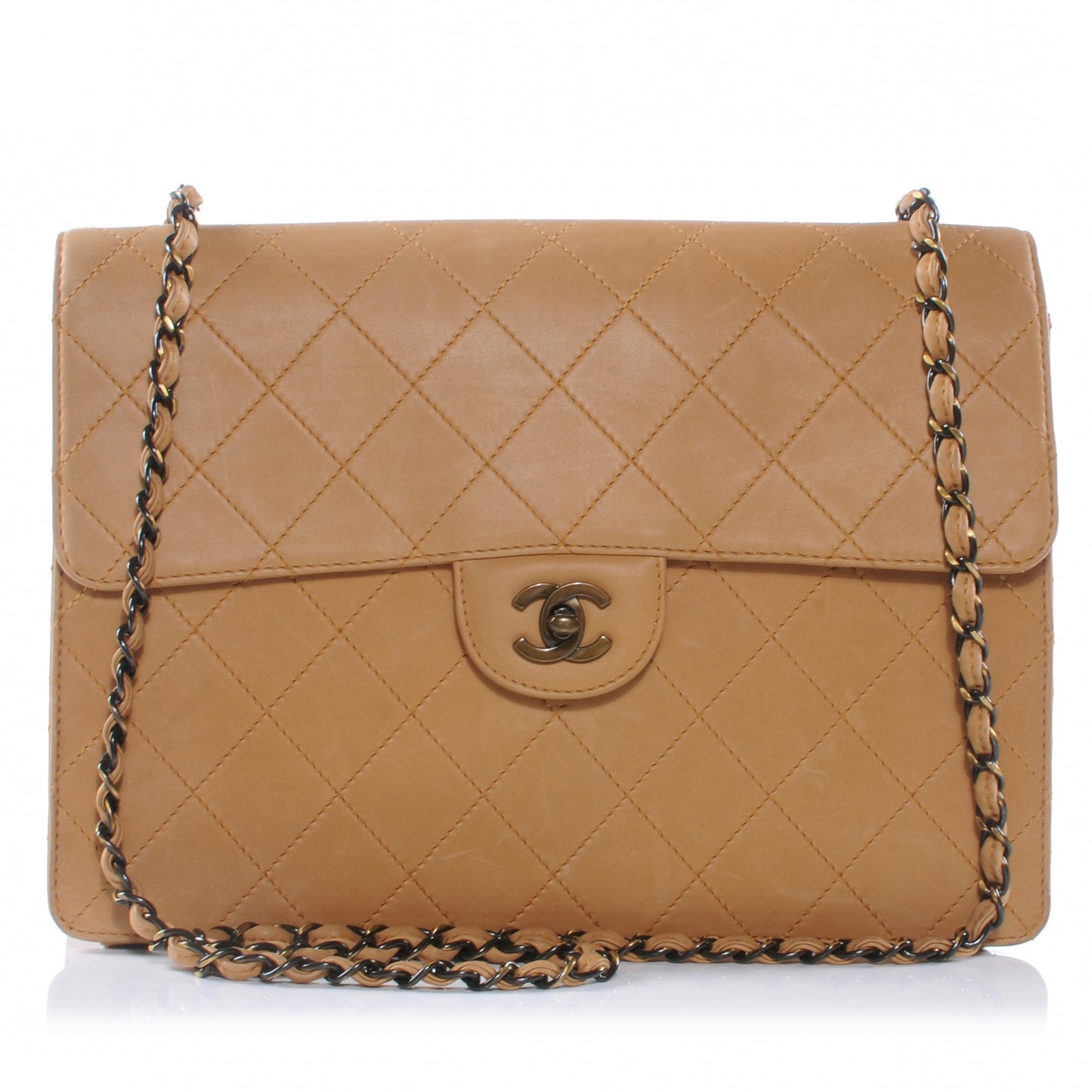 Lambskin Diamond Stitched Jumbo Flap Beige