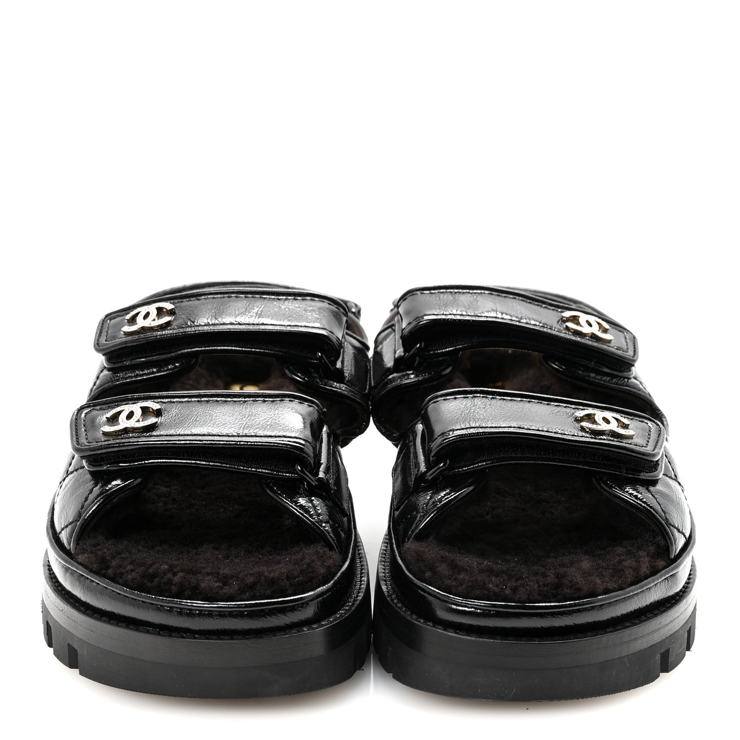 Laminated Lambskin Shearling Crystal CC Velcro Dad Platform Sandals 37 Black