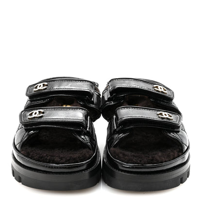 Chanel Laminated Lambskin Shearling Crystal CC Velcro Dad Platform Sandals 37 Black 3 of 10
