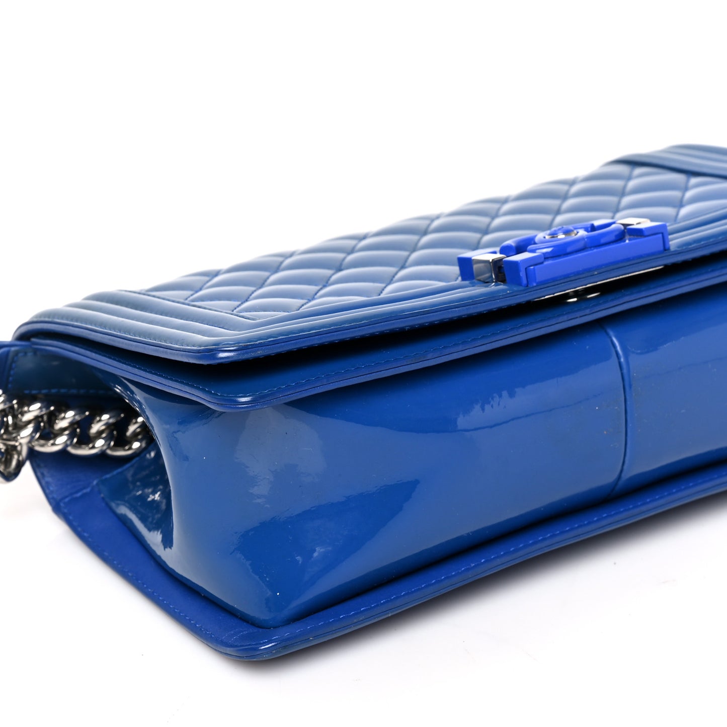 Patent Calfskin Quilted New Medium Plexiglass Boy Flap Blue