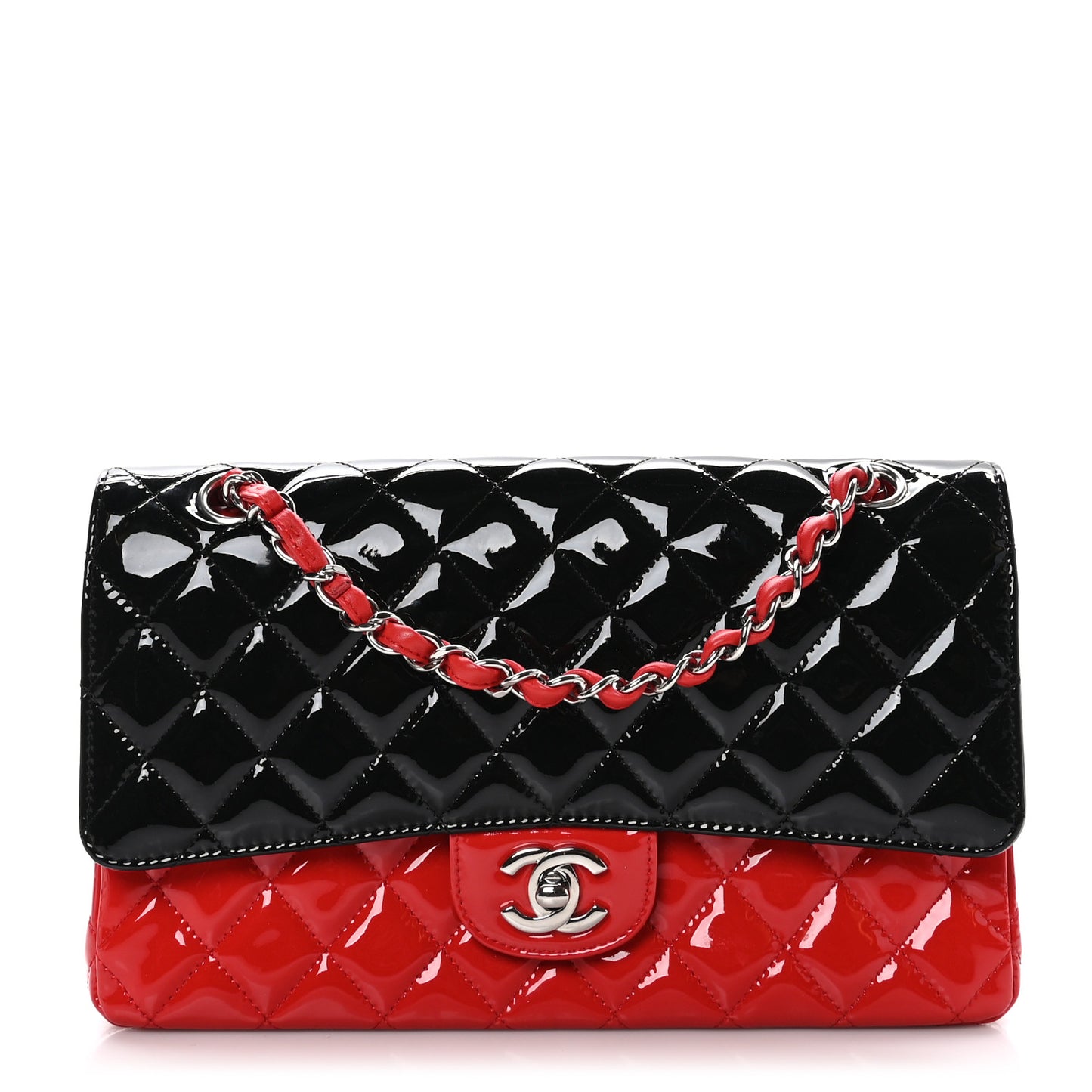 Patent Calfskin Quilted Bi-Color Medium Double Flap Red Black