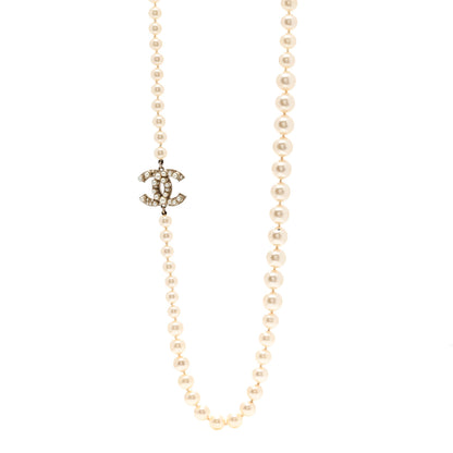 Chanel Crystal Pearl CC Long Necklace Silver 1 of 7