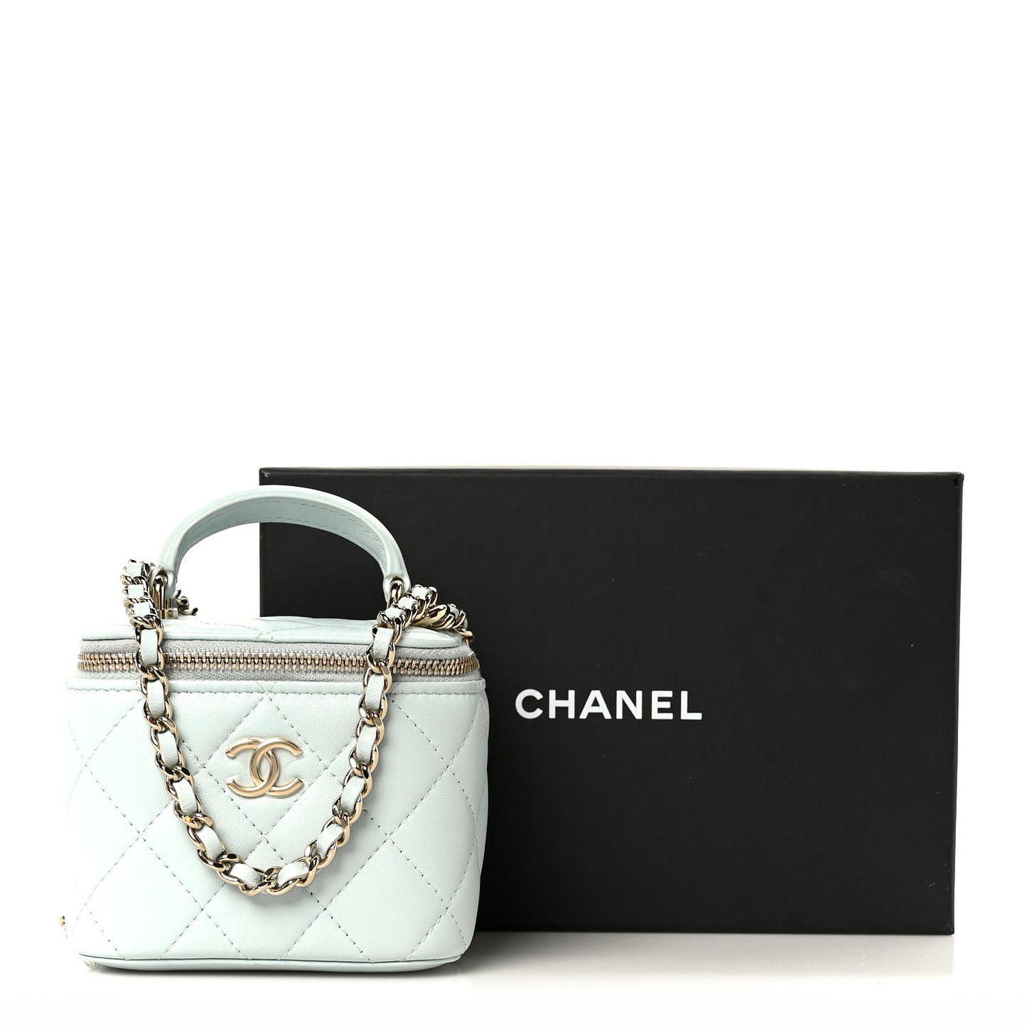 Lambskin Quilted Top Handle Mini Vanity Case With Chain Light Blue