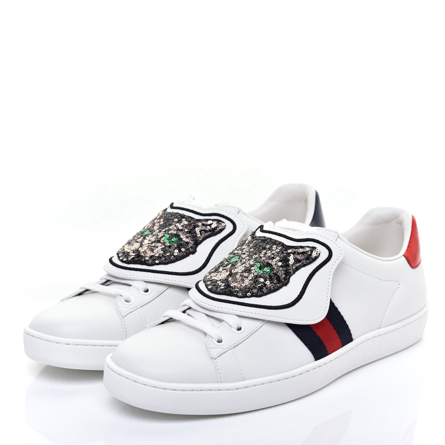 Gucci Calfskin Sequins Web Cat Womens Ace Sneakers 39.5 White 3 of 9