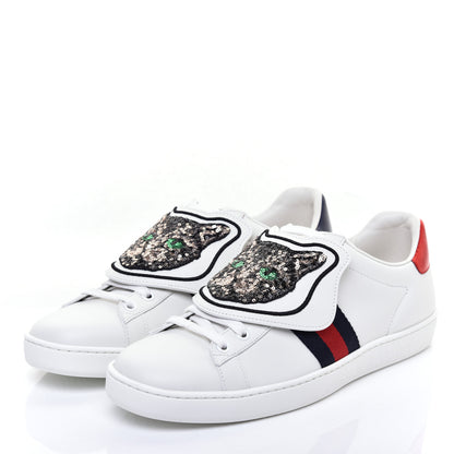 Gucci Calfskin Sequins Web Cat Womens Ace Sneakers 39.5 White 3 of 9