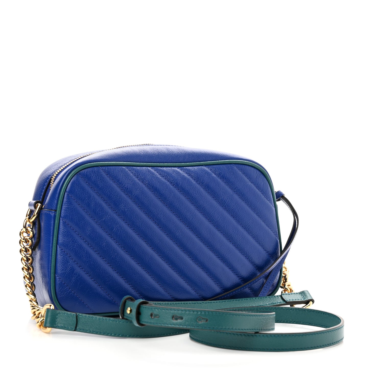 Azalea Calfskin Enamel Matelasse Diagonal Small Torchon GG Marmont Chain Shoulder Bag Imperial Blue Pavone