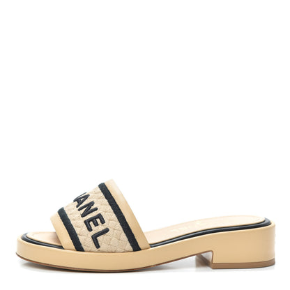 Chanel Lambskin Embroidered Logo Mules 36 Beige Black 1 of 7