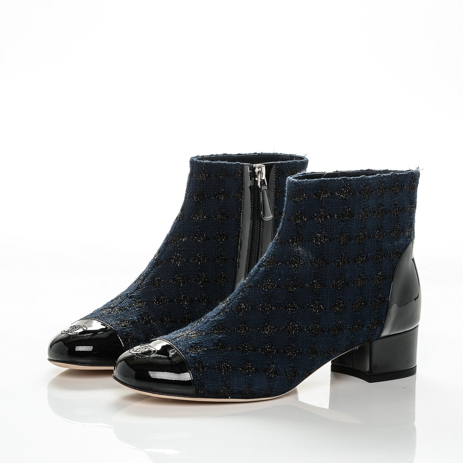 Chanel Tweed Calfskin Patent CC Short Boots 40 Navy Black 3 of 6