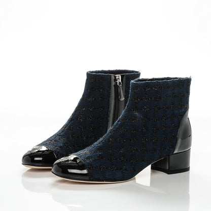 Chanel Tweed Calfskin Patent CC Short Boots 40 Navy Black 3 of 6