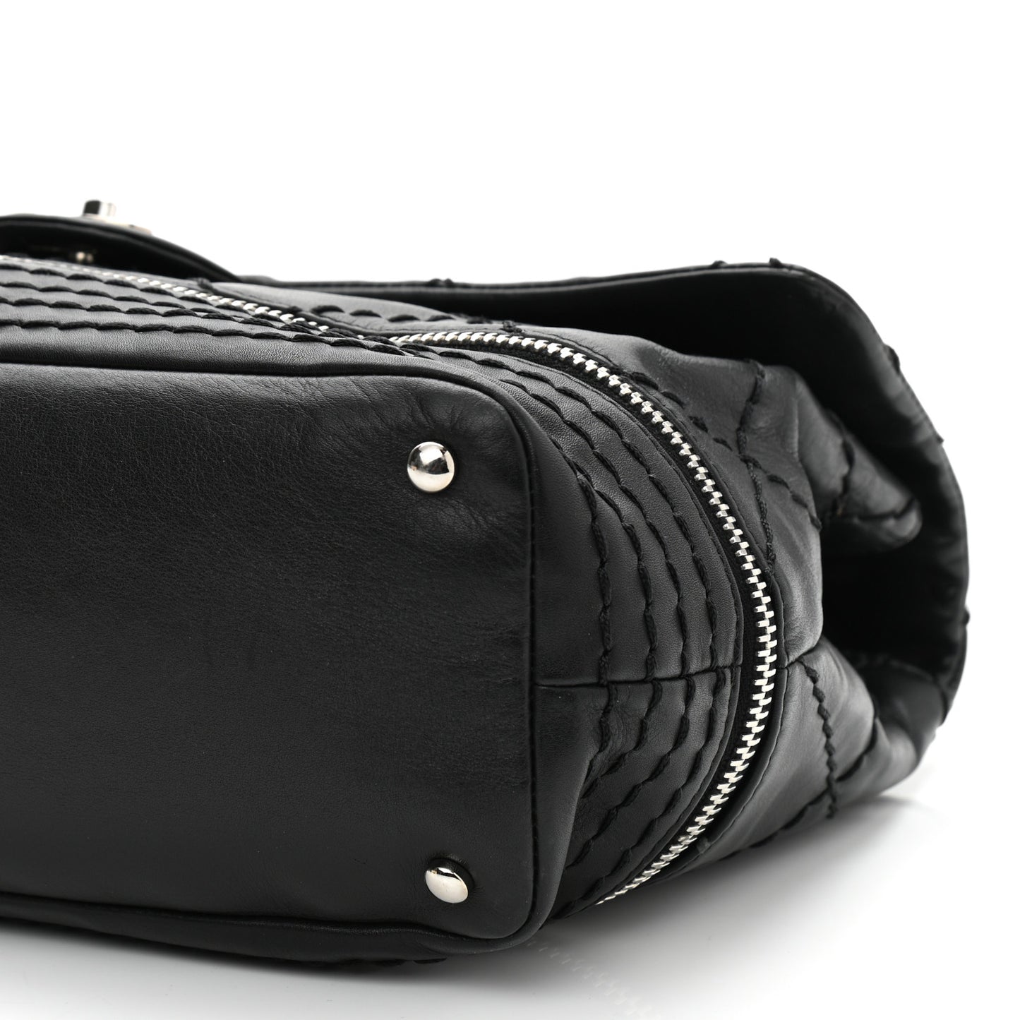Calfskin Stitched Large Expandable Flap Bag Black