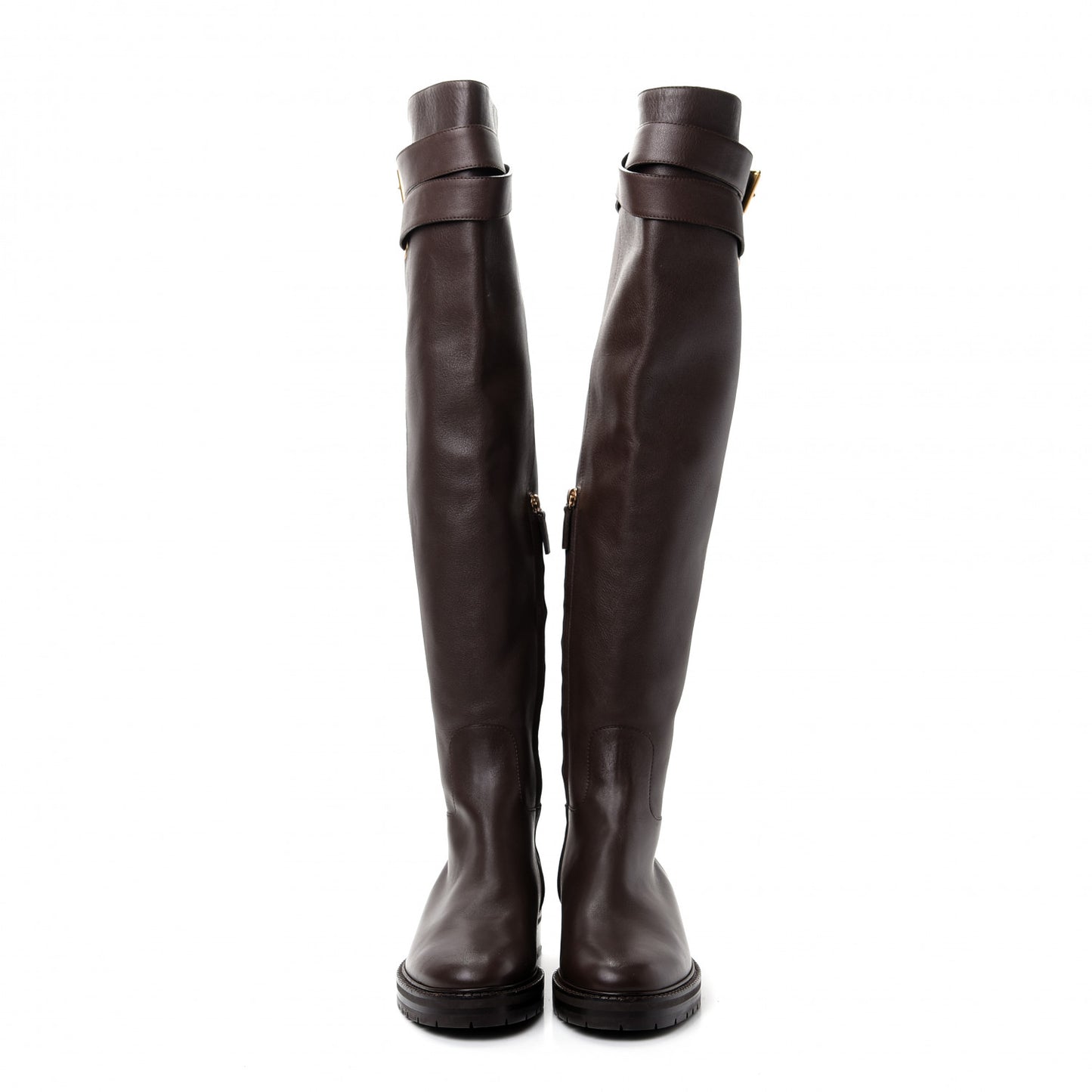 Calfskin Knee High Buckle Boots 40 Brown