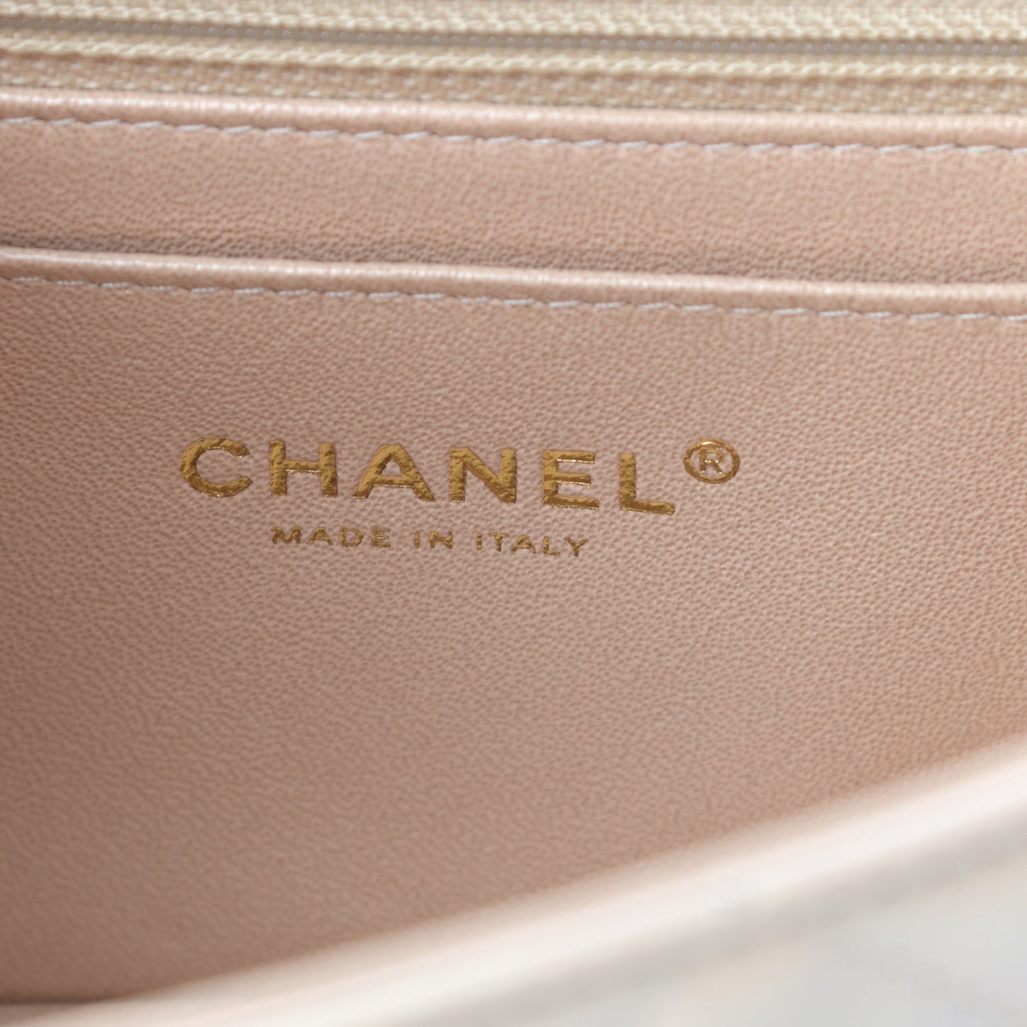 Iridescent Calfskin Quilted Mini Rectangular Flap Beige