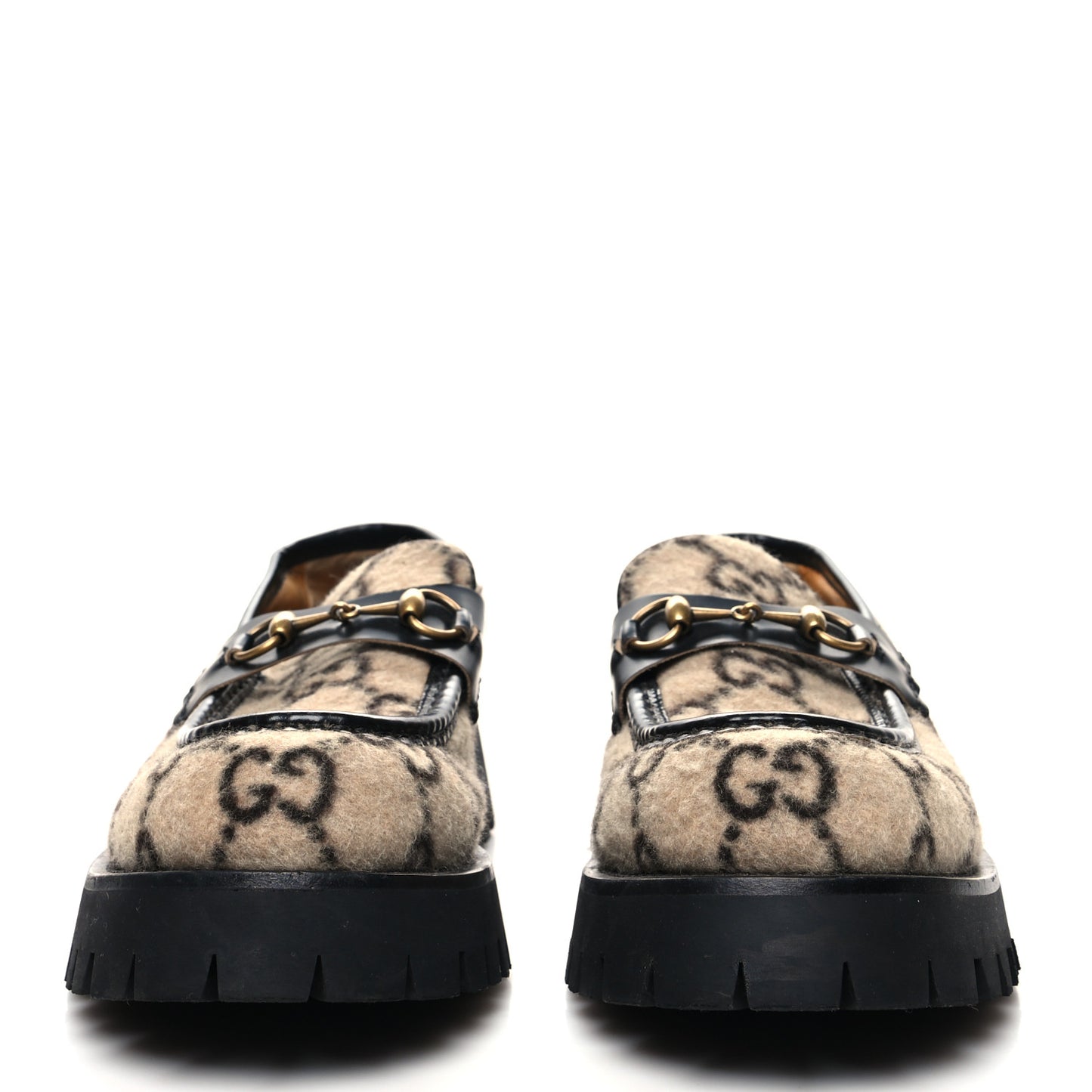 Covered Wool Cordovan Lux GG Monogram Mens Harald Horsebit Platform Loafers 9 Beige Ebony