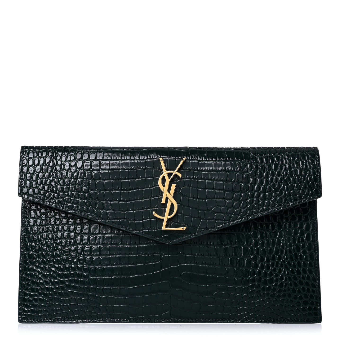 Calfskin Crocodile Embossed Uptown Monogram Clutch Dark Mint