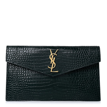 Saint Laurent Calfskin Crocodile Embossed Uptown Monogram Clutch Dark Mint 1 of 8