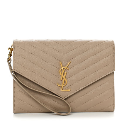 Saint Laurent Grain De Poudre Matelasse Chevron Monogram Envelope Clutch Dark Beige 1 of 7