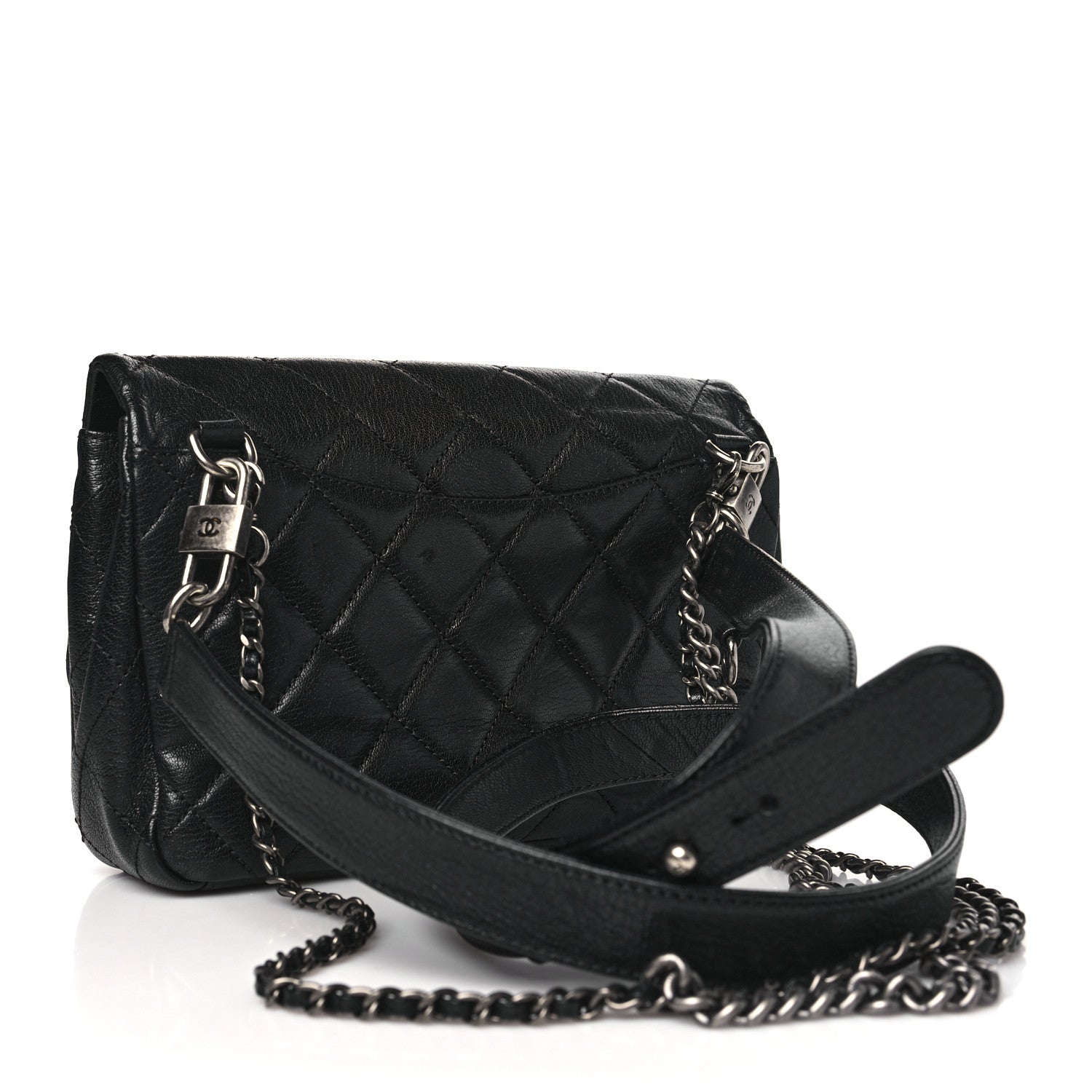 Chanel Shiny Goatskin Quilted Small Double Carry Waist Chain Flap Black 3 of 12