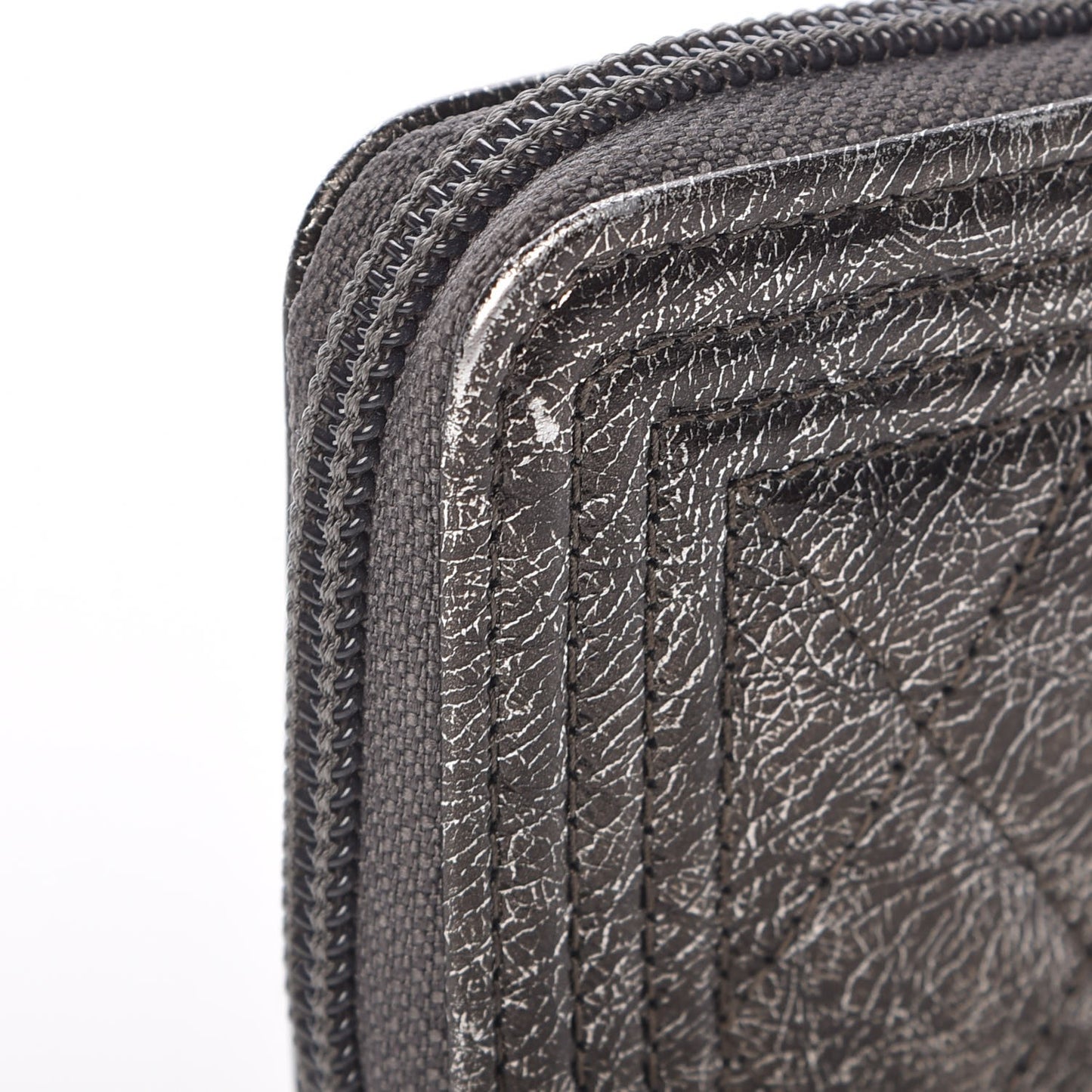 Cracked Metallic Calfskin Quilted Boy Zip Around Coin Purse Wallet Dark Silver