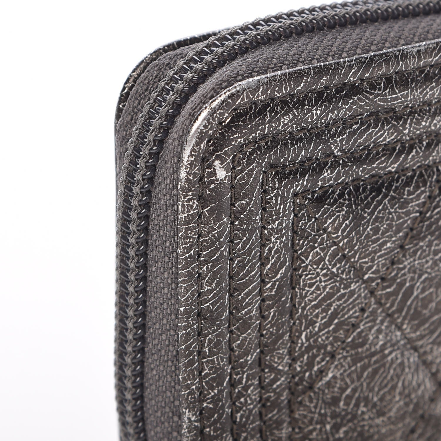 Chanel Cracked Metallic Calfskin Quilted Boy Zip Around Coin Purse Wallet Dark Silver 8 of 9