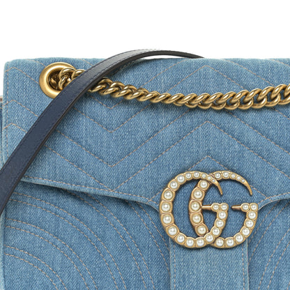 Gucci Denim Matelasse Small Pearly GG Marmont Shoulder Bag Blue 8 of 9