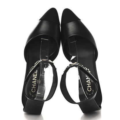 Chanel Lambskin Grosgrain Cap Toe Logo Ankle Strap Pumps 39 Black 2 of 10