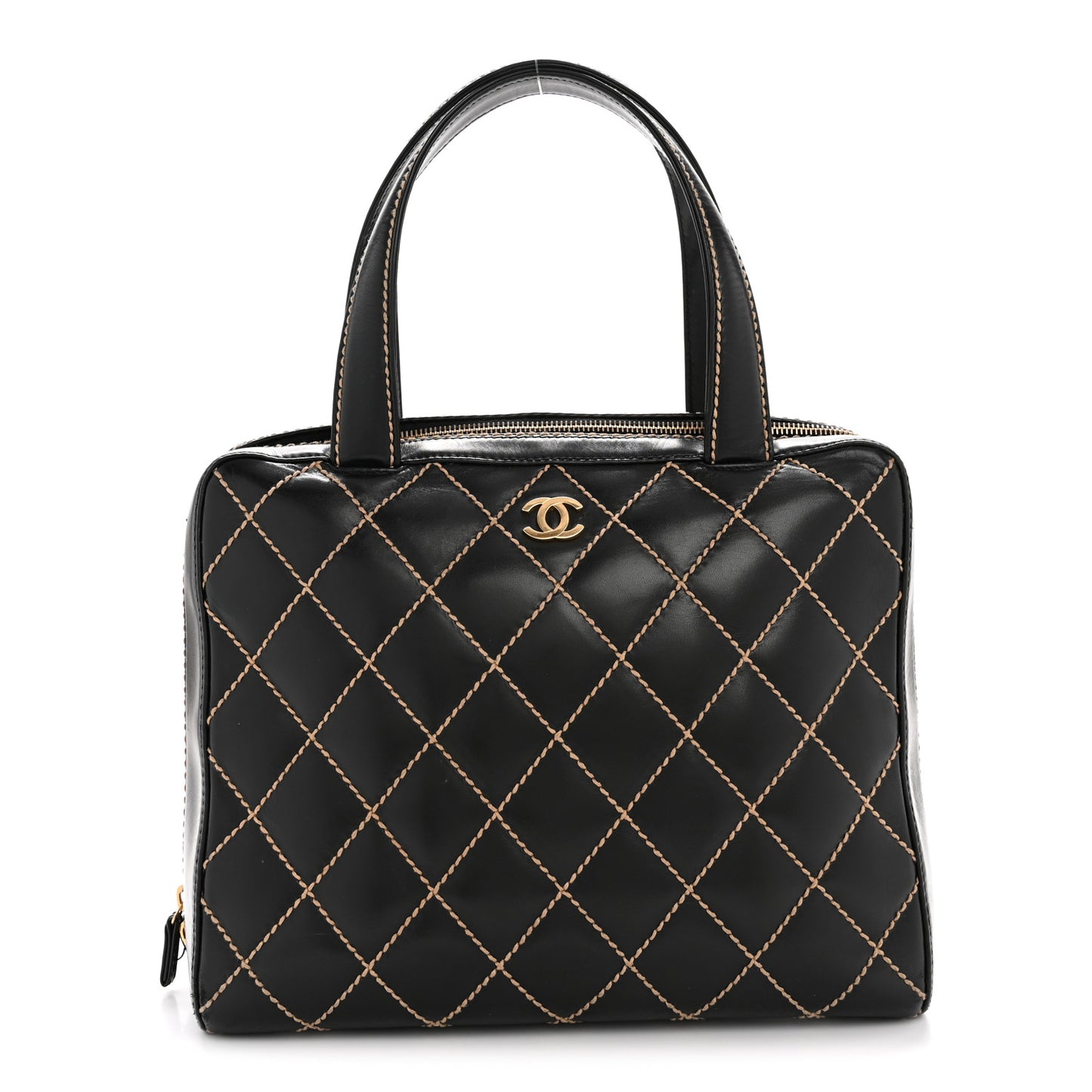 Calfskin Wild Stitch Vertical Top Handle Bag Black