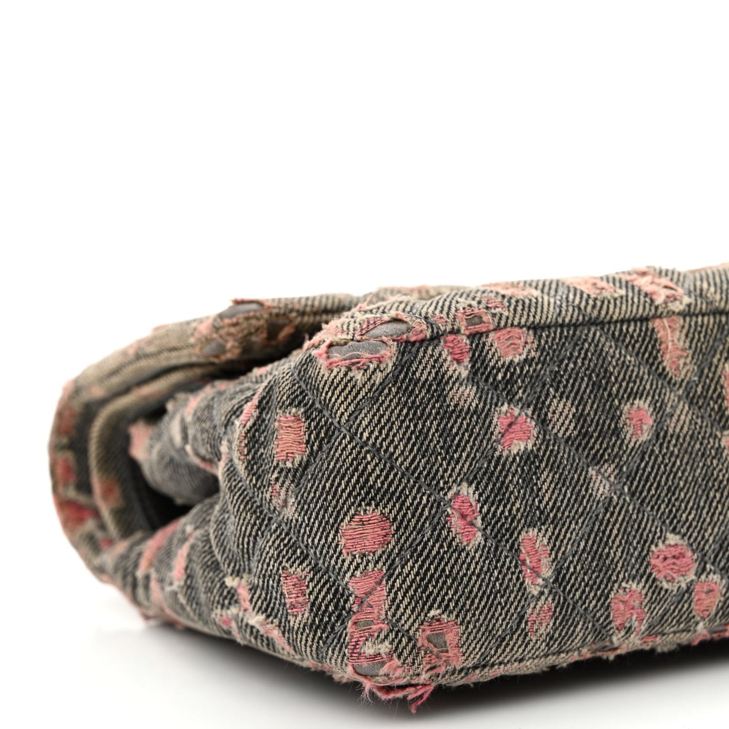 Distressed Denim Quilted Medium Double Flap Grey Pink