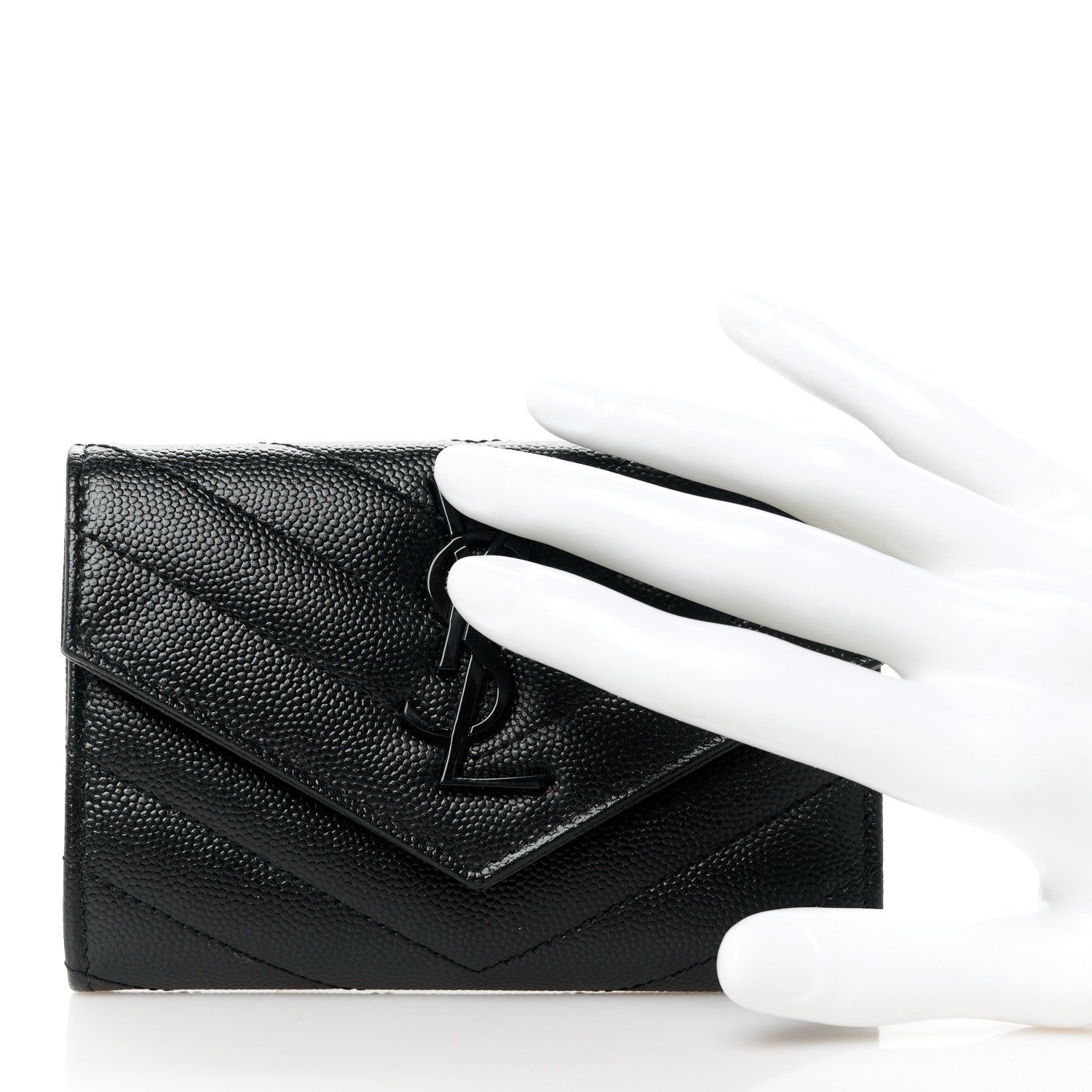 Saint Laurent Grain De Poudre Matelasse Chevron Small Monochrome Monogram Envelope Wallet Black 2 of 9