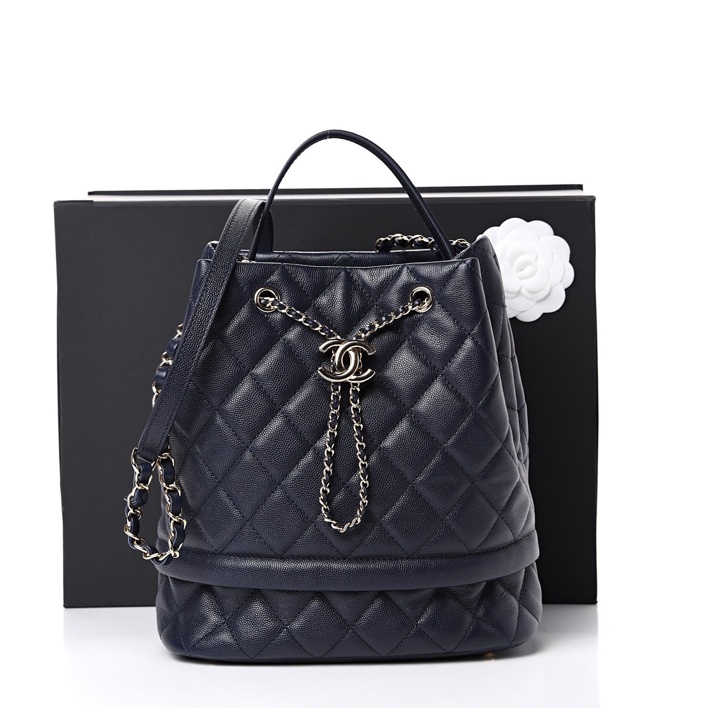 Caviar Quilted Rolled Up Bucket Drawstring Bag Navy