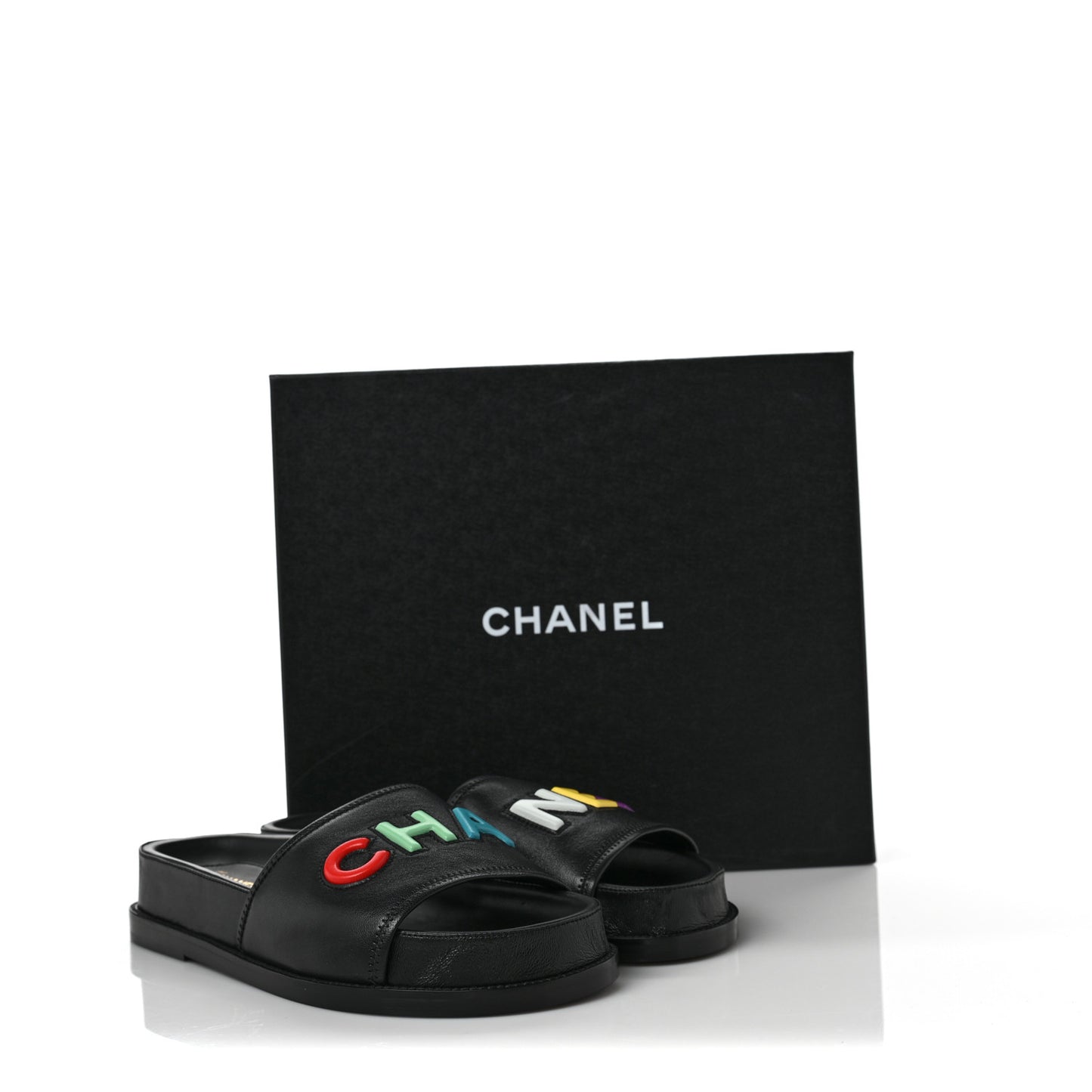 Lambskin Cha-Nel Mule Sandals 40.5 Black Multicolor