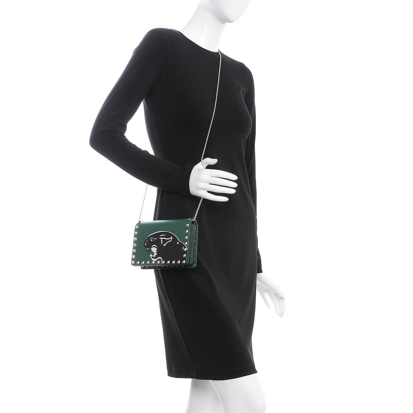 Calfskin Panther Mini Rockstud Wallet on Chain Emerald