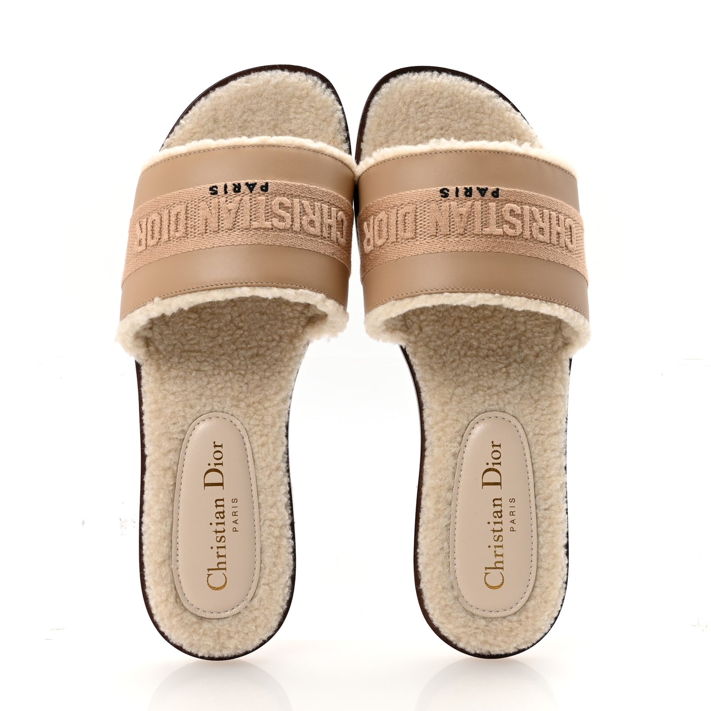 Suede Goatskin Shearling Embroidered Dway Slide Sandals 38 Cookie