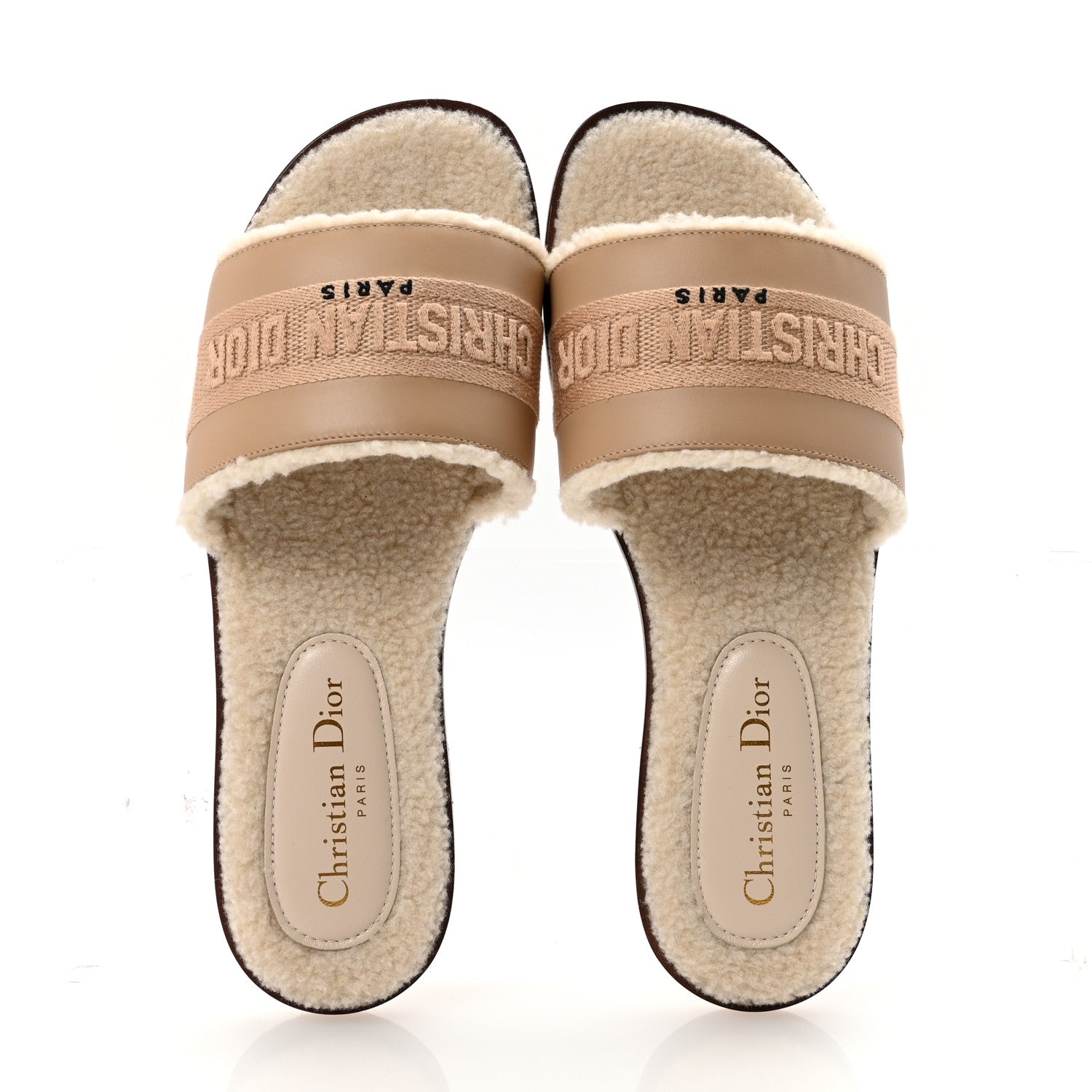Christian Dior Suede Goatskin Shearling Embroidered Dway Slide Sandals 38 Cookie 2 of 9