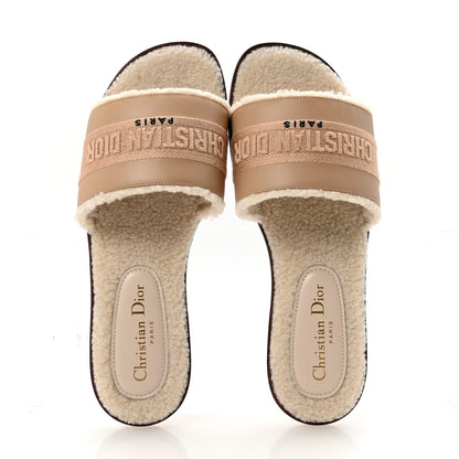 Christian Dior Suede Goatskin Shearling Embroidered Dway Slide Sandals 38 Cookie 2 of 9