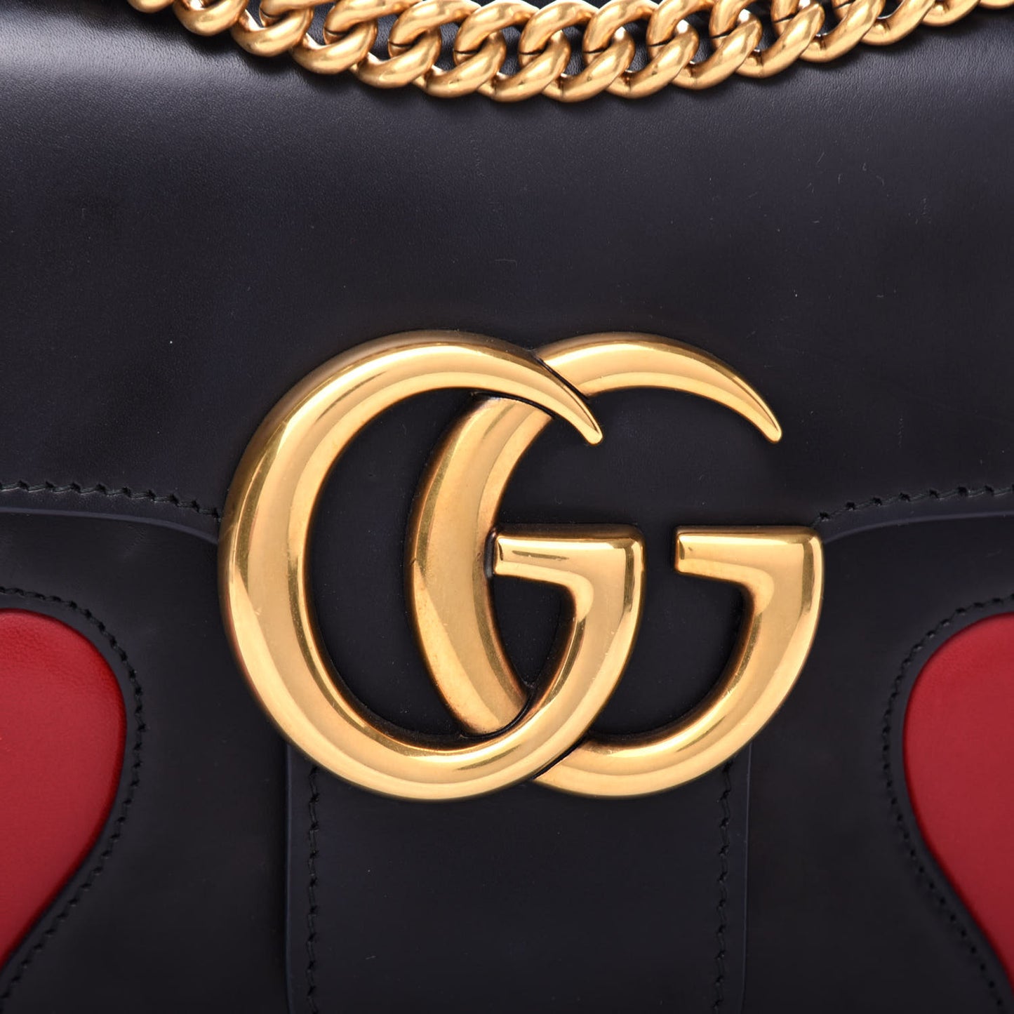 Knight Calfskin Malaga Kid Heart Medium GG Marmont Chain Handle Bag Black Hibiscus Red Multicolor