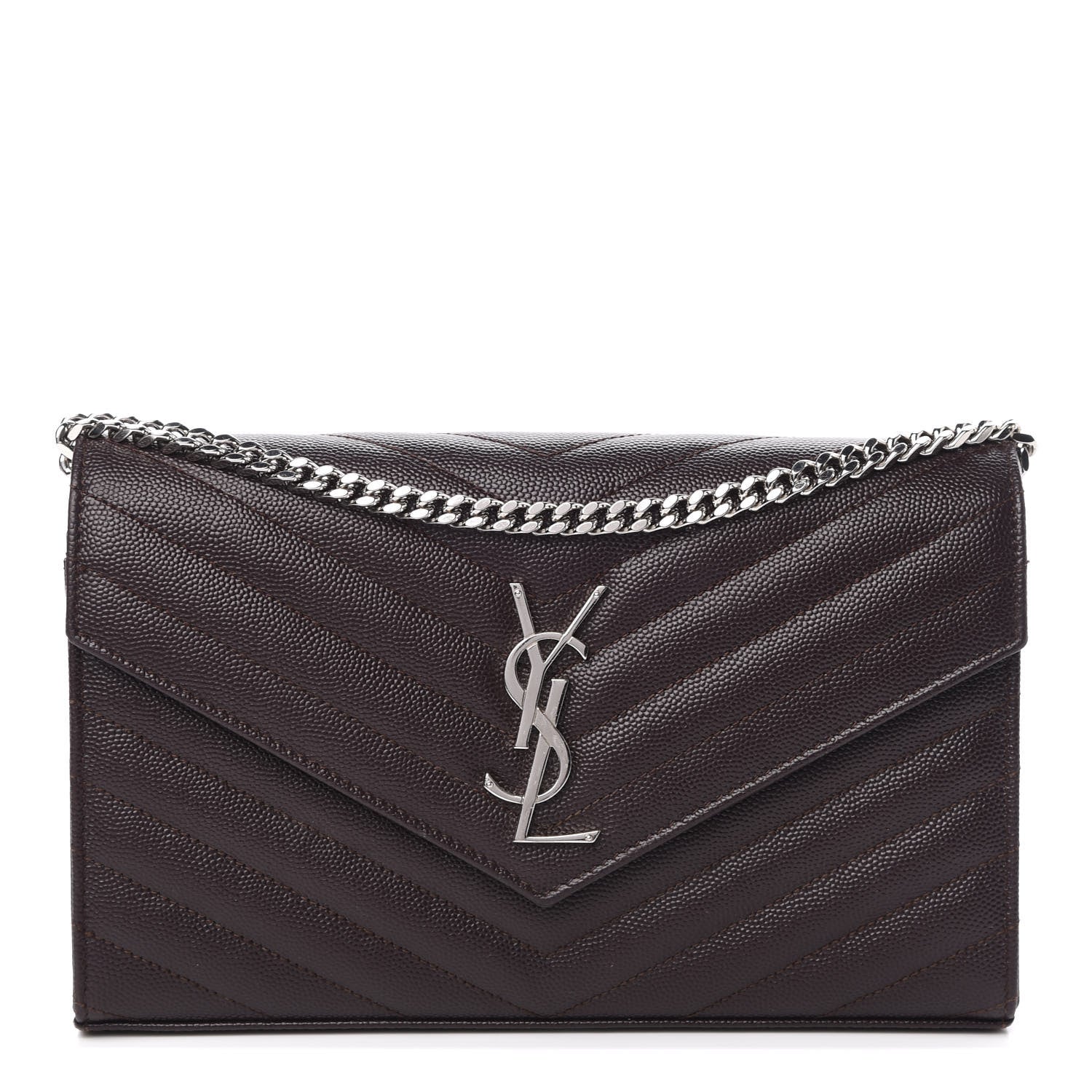 Saint Laurent Grain De Poudre Matelasse Chevron Monogram Chain Wallet Dark Brown 1 of 11