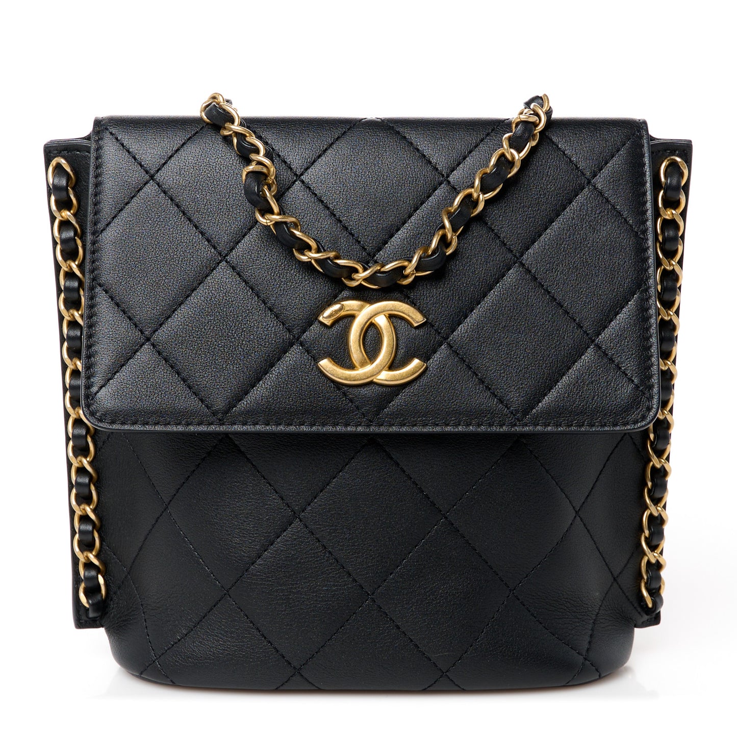 Calfskin Quilted Chain Small Hobo Bag Black