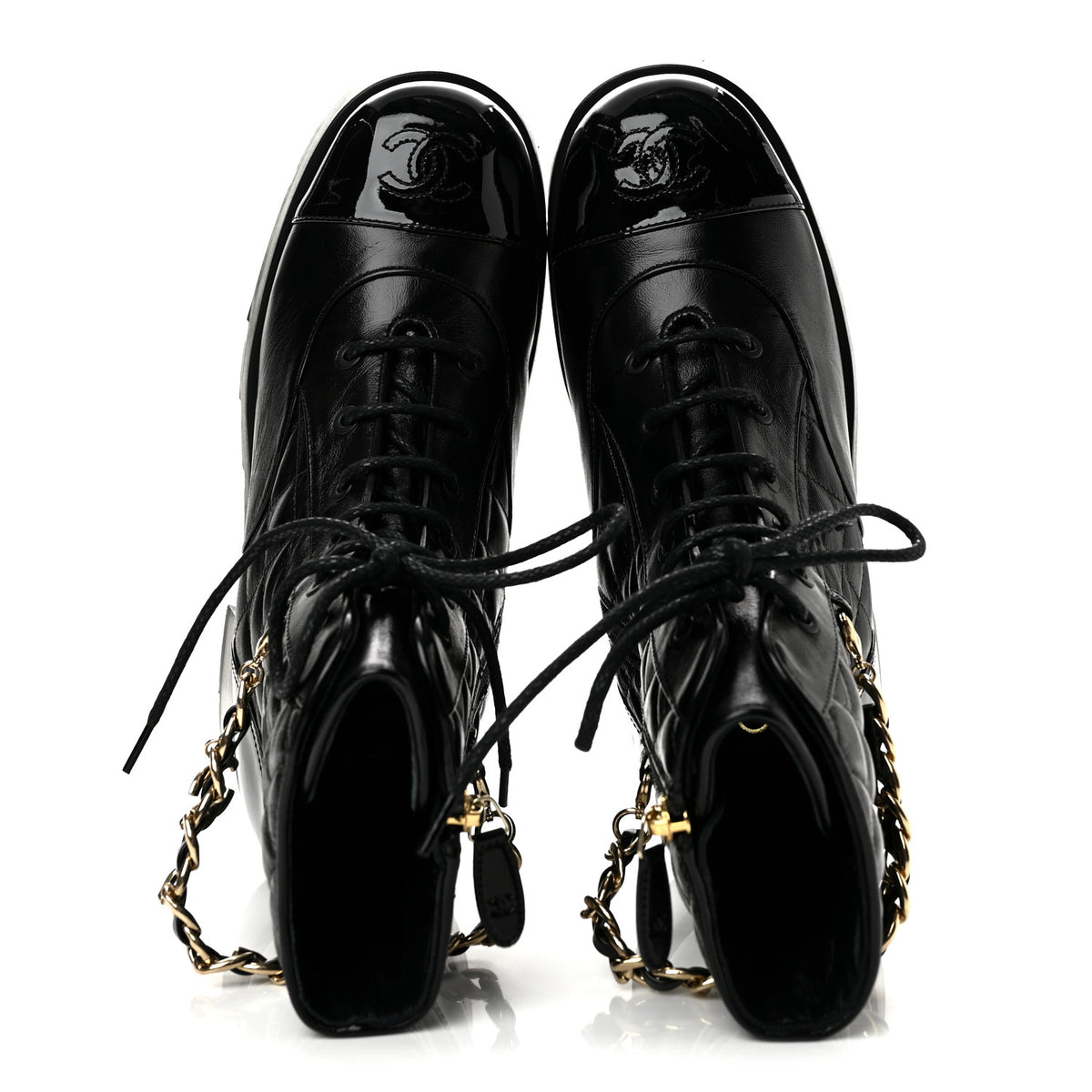 Chanel Shiny Calfskin Patent Quilted Chain Lace Up Combat Boots 39 Black 2 of 9