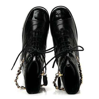 Chanel Shiny Calfskin Patent Quilted Chain Lace Up Combat Boots 39 Black 2 of 9