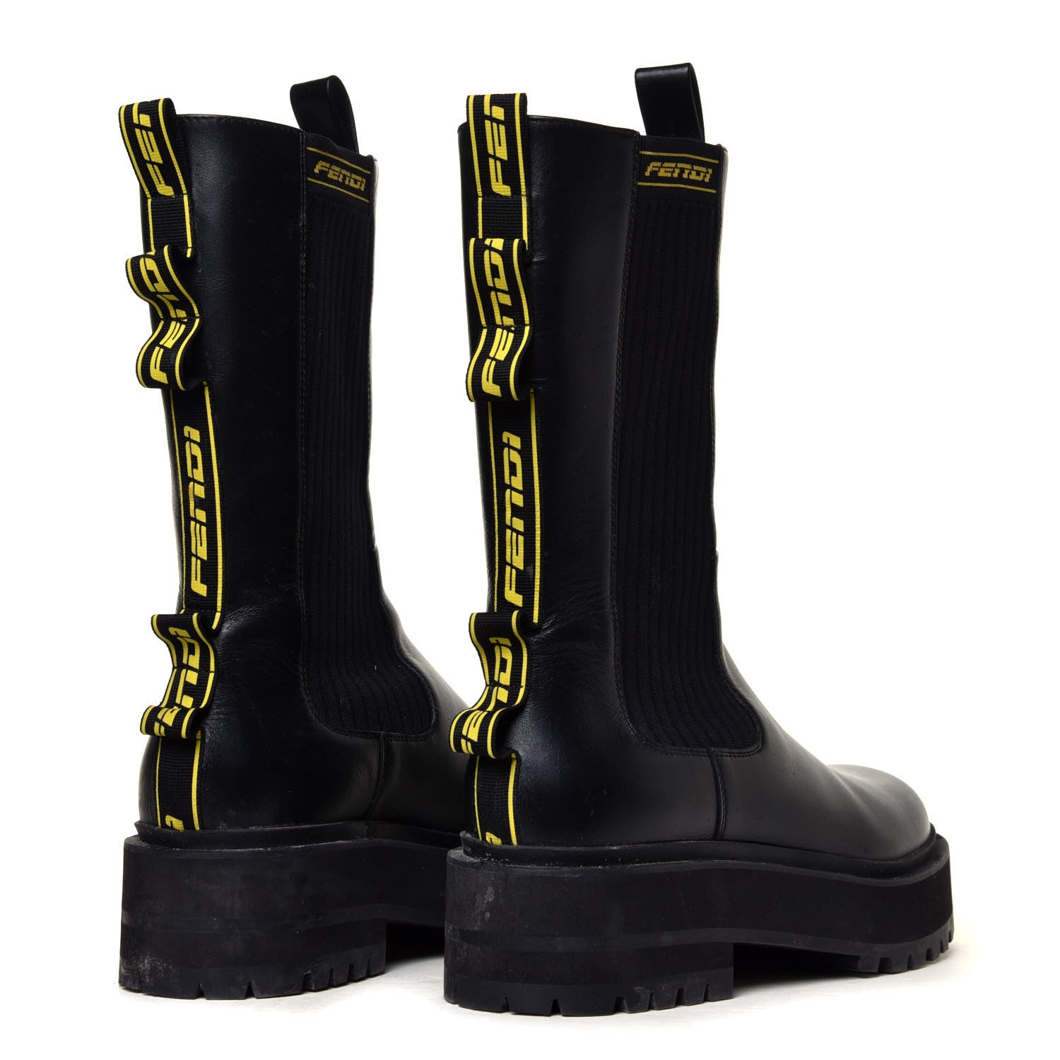 Fendi Vitello Stretch Fabric Logo Tape Rockoko Promenade 50mm Biker Boots 39 Black Yema 6 of 12