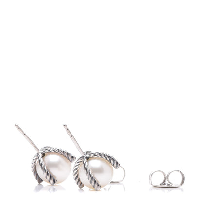 David Yurman Sterling Silver Diamond Pearl 9.5mm Earrings 3 of 4